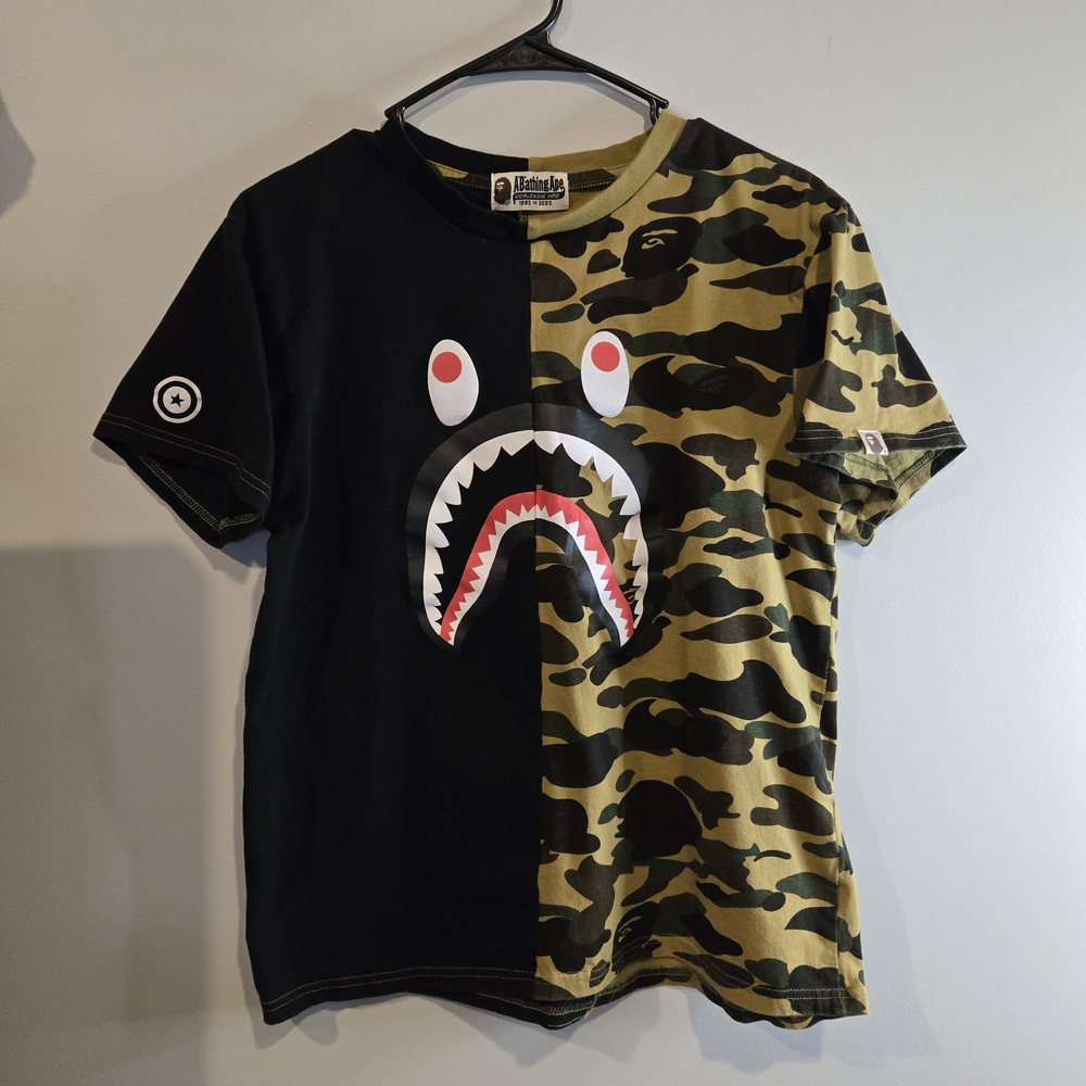 BAPE A Bathing Ape T Shirt Size M Teens Black Camo WGM Shark Jaw Short Sleeve